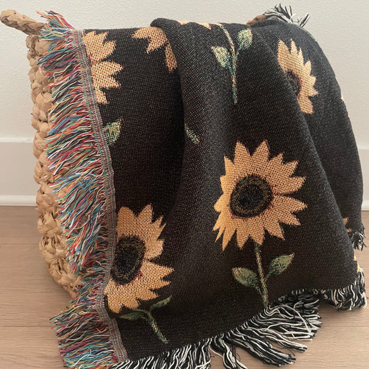 Sunflower Woven Throw Blanket - Boho, Cottagecore, Farmhouse Decor