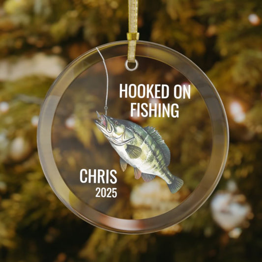 Personalized bass fishing ornament with a colorful trout on a hook, featuring custom name and year.