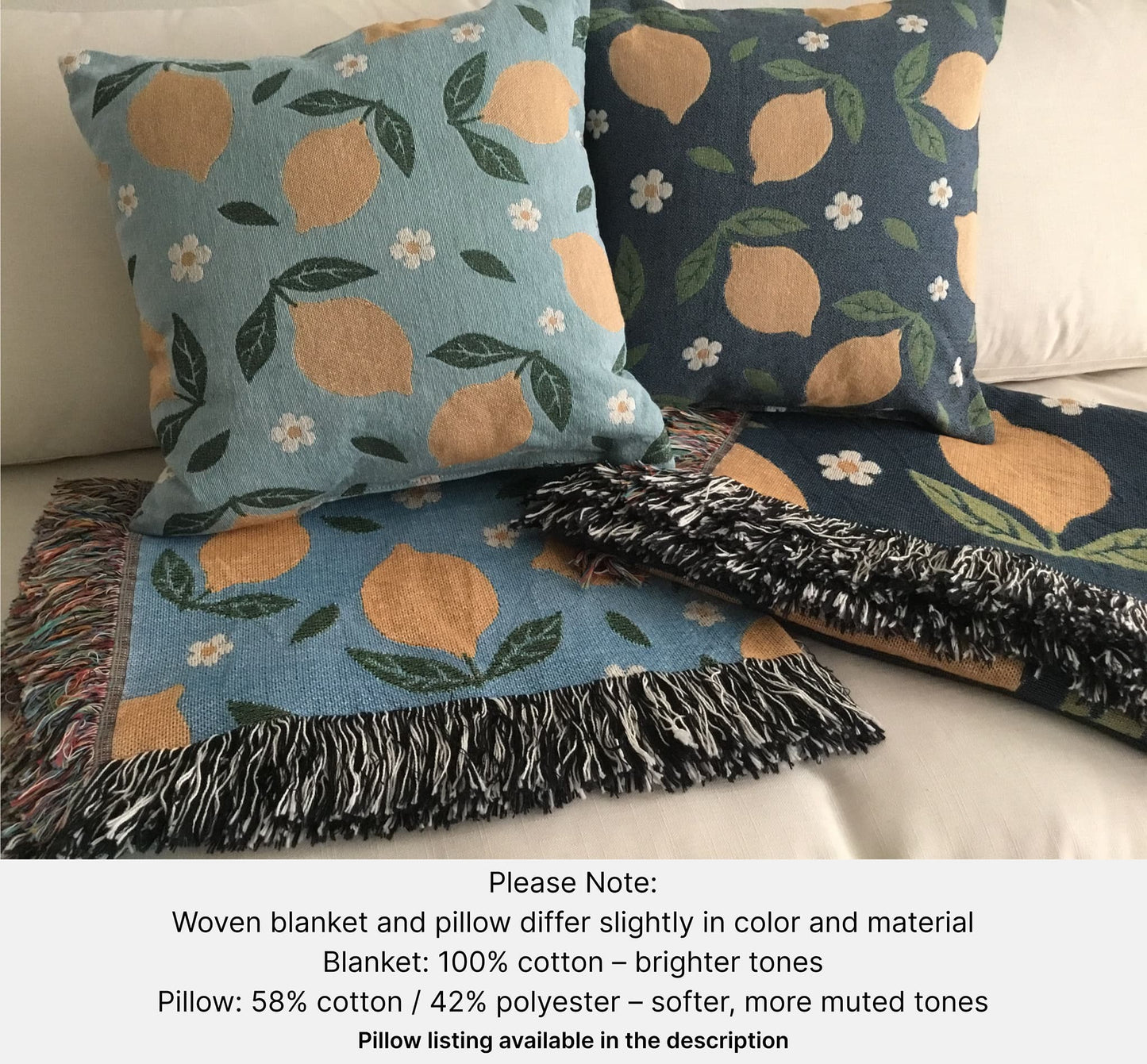 Lemon and daisy patterned woven pillows and throw blankets with fringe, shown in light blue and navy colors, displayed on a sofa.