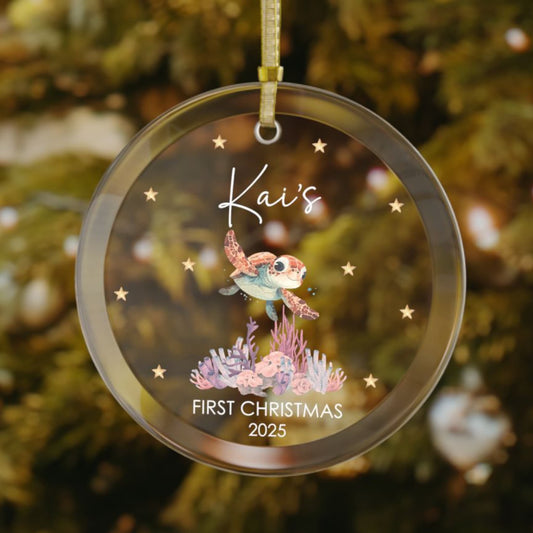 Personalized baby’s first Christmas ornament with sea turtle and coral, stars in background, custom name and year, ocean-themed baby gift