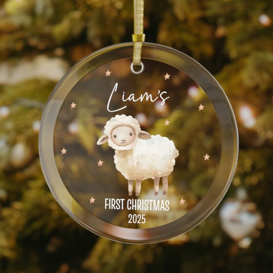 Personalized baby’s first Christmas ornament with cute standing lamb design, custom name and year keepsake, holiday decoration for Christmas tree