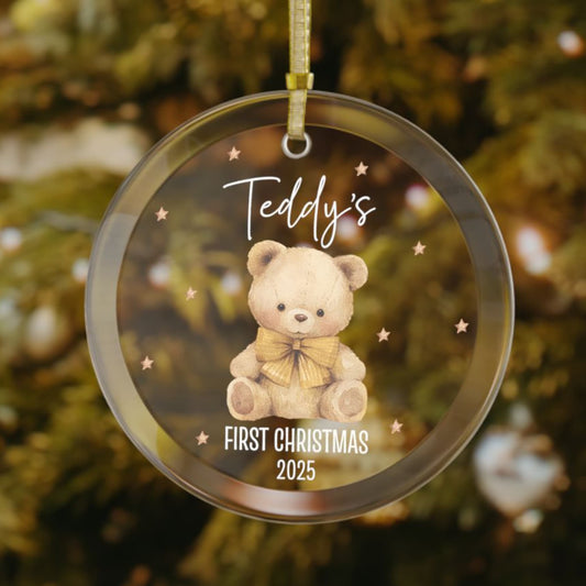 Custom baby’s first Christmas ornament featuring a cute stuffed teddy bear, personalized with name and year, perfect keepsake for the holiday tree.