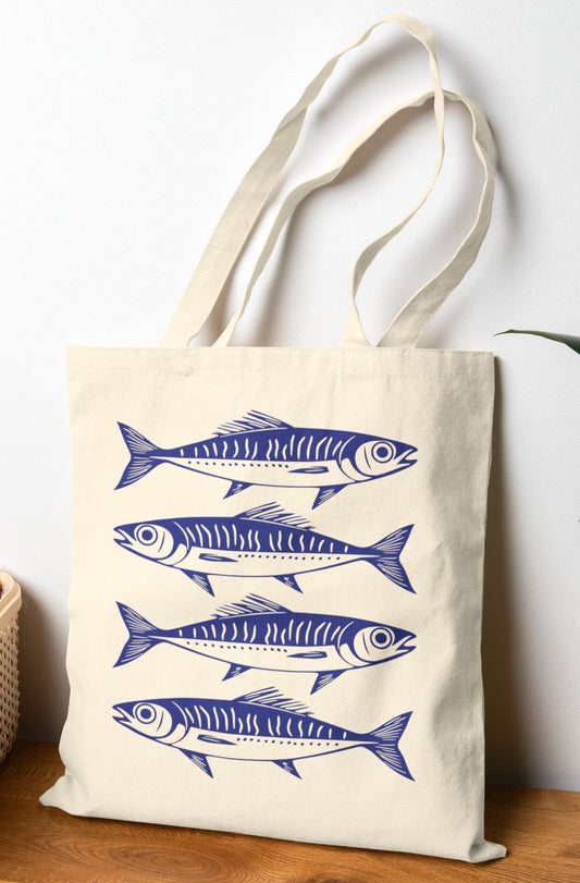 Navy blue sardine print cotton canvas tote bag – reusable nautical market tote for coastal style, beach lovers, and everyday use.