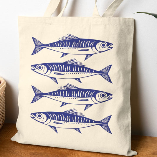 Navy blue sardine print cotton canvas tote bag – reusable nautical market tote for coastal style, beach lovers, and everyday use.