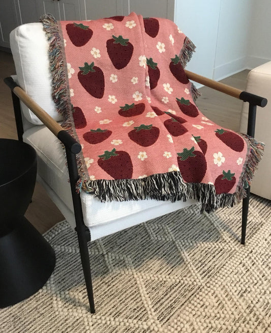 Strawberry & Daisy Woven Throw Blanket - Whimsical Cottagecore Home Decor Gift