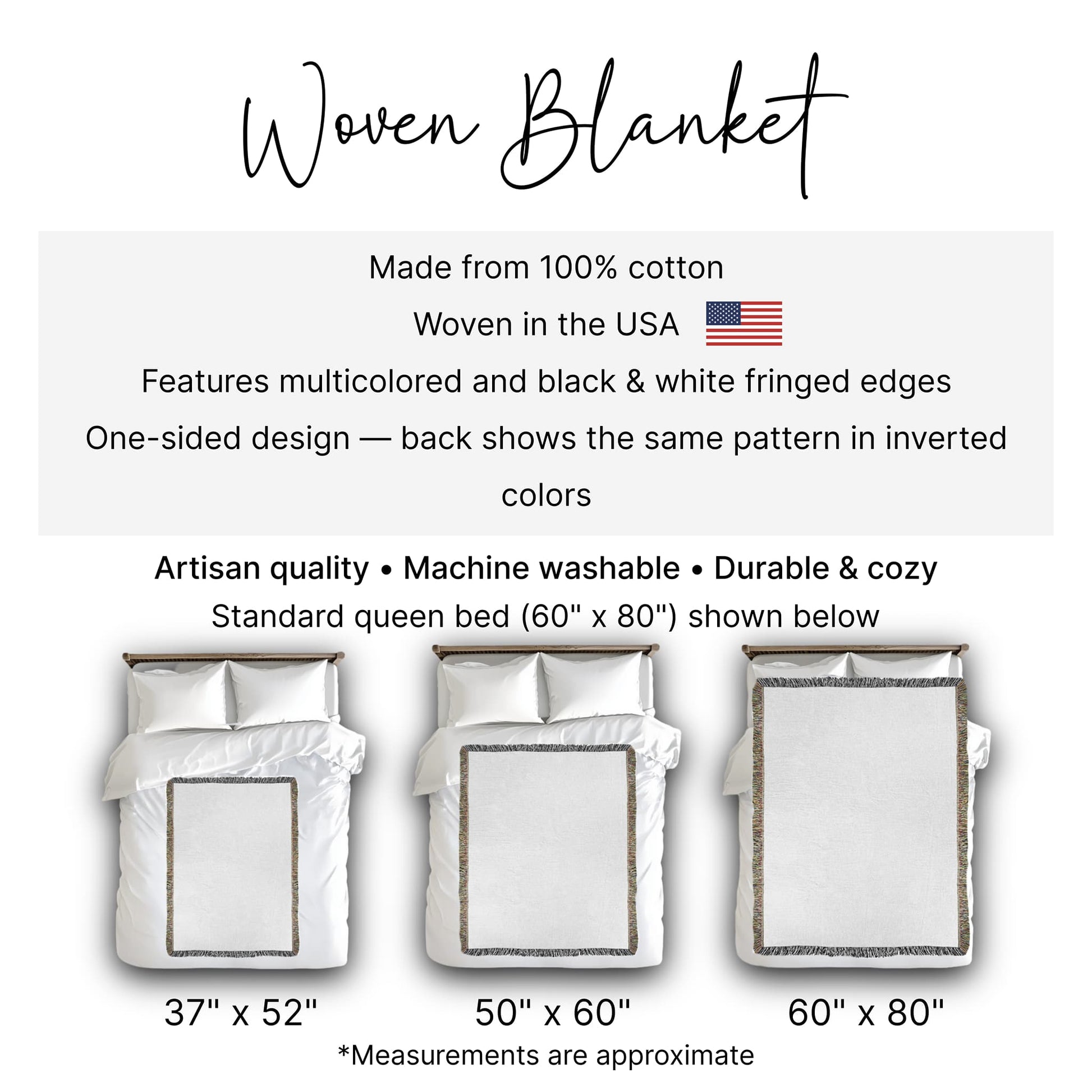 Size guide for 100% cotton woven blanket made in the USA, showing three blanket sizes—37x52”, 50x60”, and 60x80”—laid on a standard queen bed. Includes text noting multicolored and black-and-white fringe, one-sided pattern, and features like machine washability and artisan like quality. Made from 100% cotton and woven in the USA.