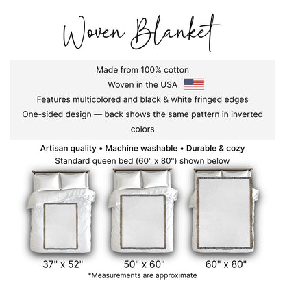 Size guide for 100% cotton woven blanket made in the USA, showing three blanket sizes—37x52”, 50x60”, and 60x80”—laid on a standard queen bed. Includes text noting multicolored and black-and-white fringe, one-sided pattern, and features like machine washability and artisan like quality. Made from 100% cotton and woven in the USA.