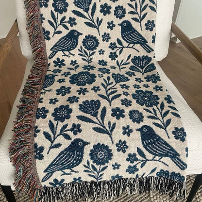 Cottagecore Birds & Florals Woven Throw Blanket