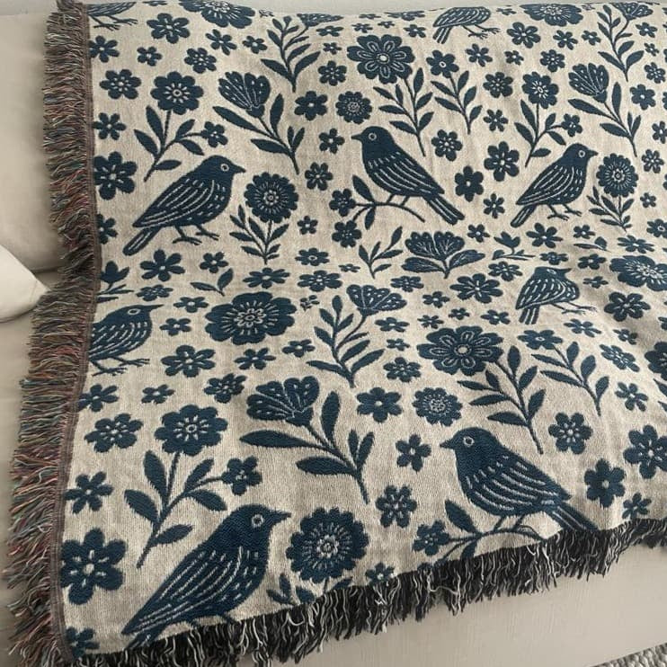 Cottagecore Birds & Florals Woven Throw Blanket