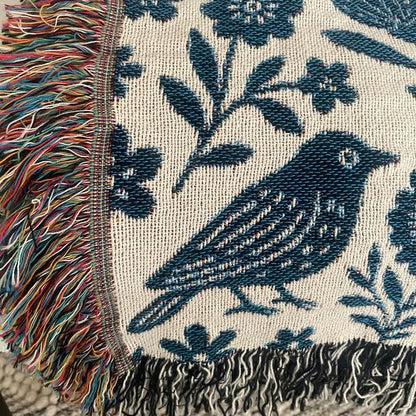 Cottagecore Birds & Florals Woven Throw Blanket
