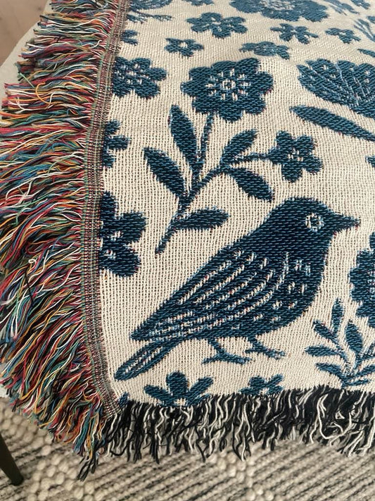 Birds & Florals Woven Throw Blanket – Cottagecore Home Decor Gift