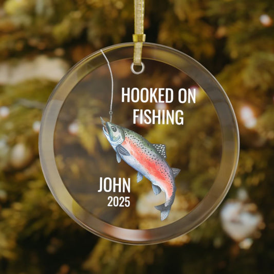Personalized rainbow trout fishing ornament with a colorful trout on a hook, featuring custom name and year.