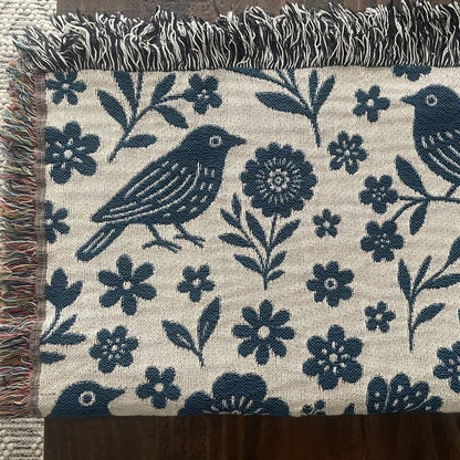 Cottagecore Birds & Florals Woven Throw Blanket