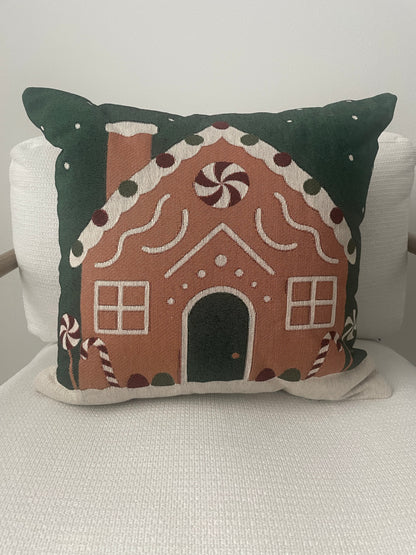 Gingerbread House Throw Pillow – Woven Christmas Holiday Accent Cushion