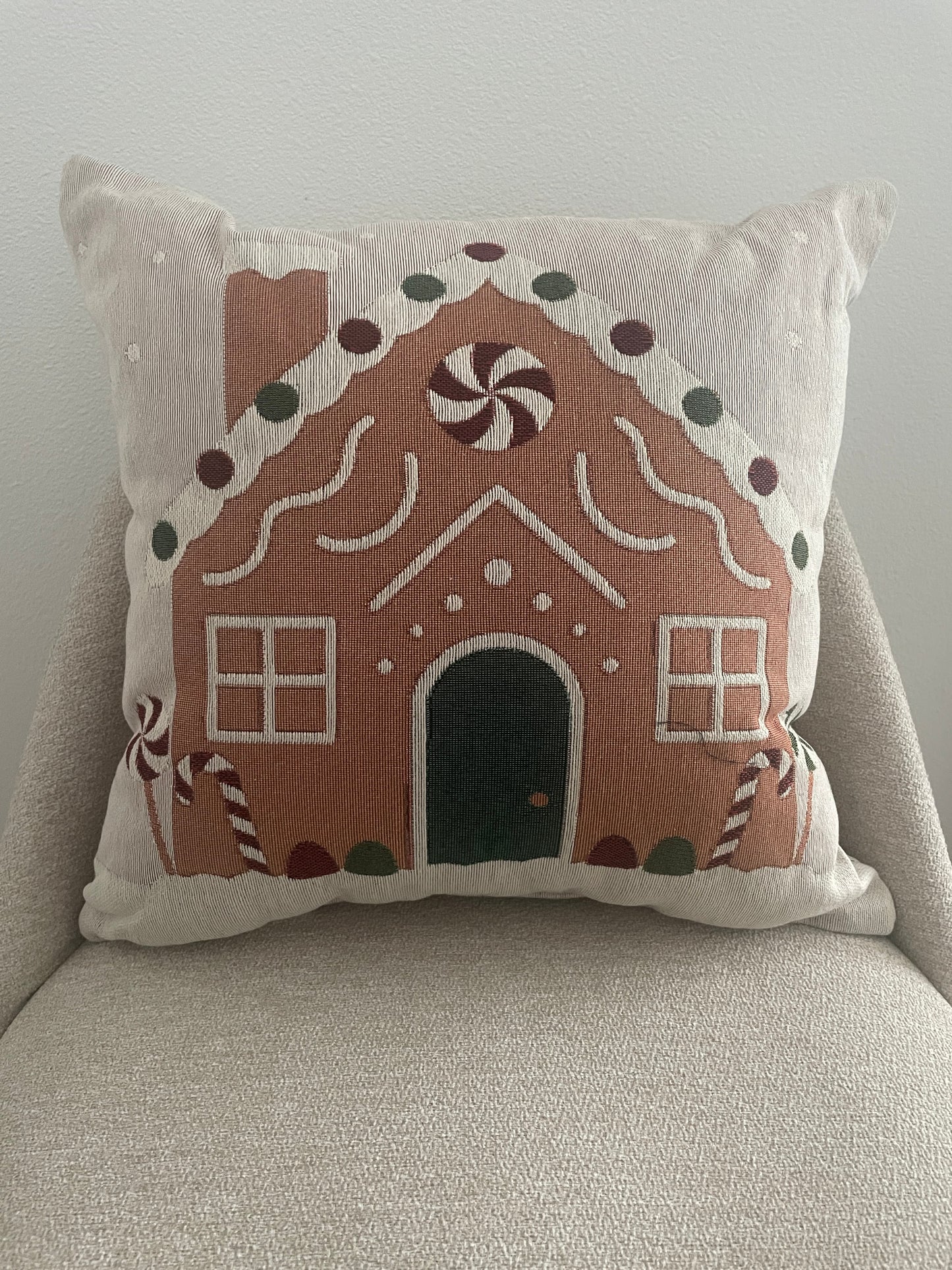 Gingerbread House Throw Pillow – Woven Christmas Holiday Accent Cushion