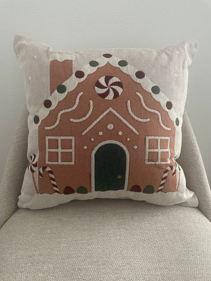Gingerbread House Throw Pillow – Woven Christmas Holiday Accent Cushion