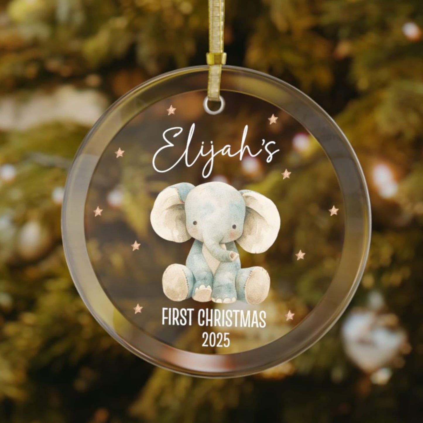 Personalized baby’s first Christmas ornament with stuffed elephant design, custom name and year keepsake, holiday tree decoration
