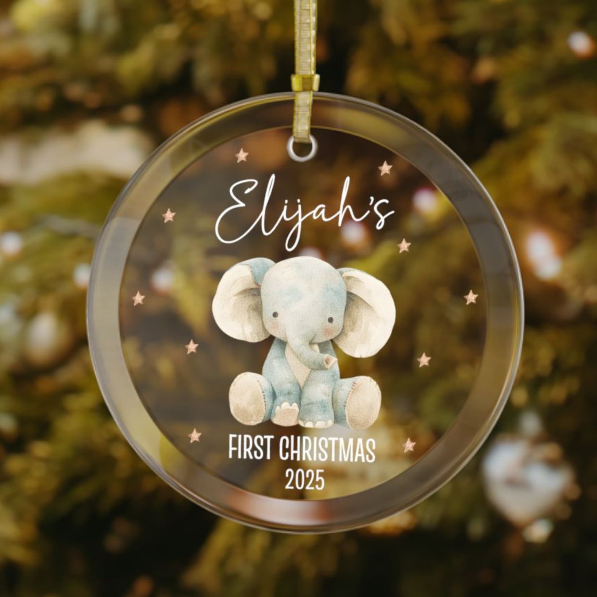 Personalized baby’s first Christmas ornament with stuffed elephant design, custom name and year keepsake, holiday tree decoration