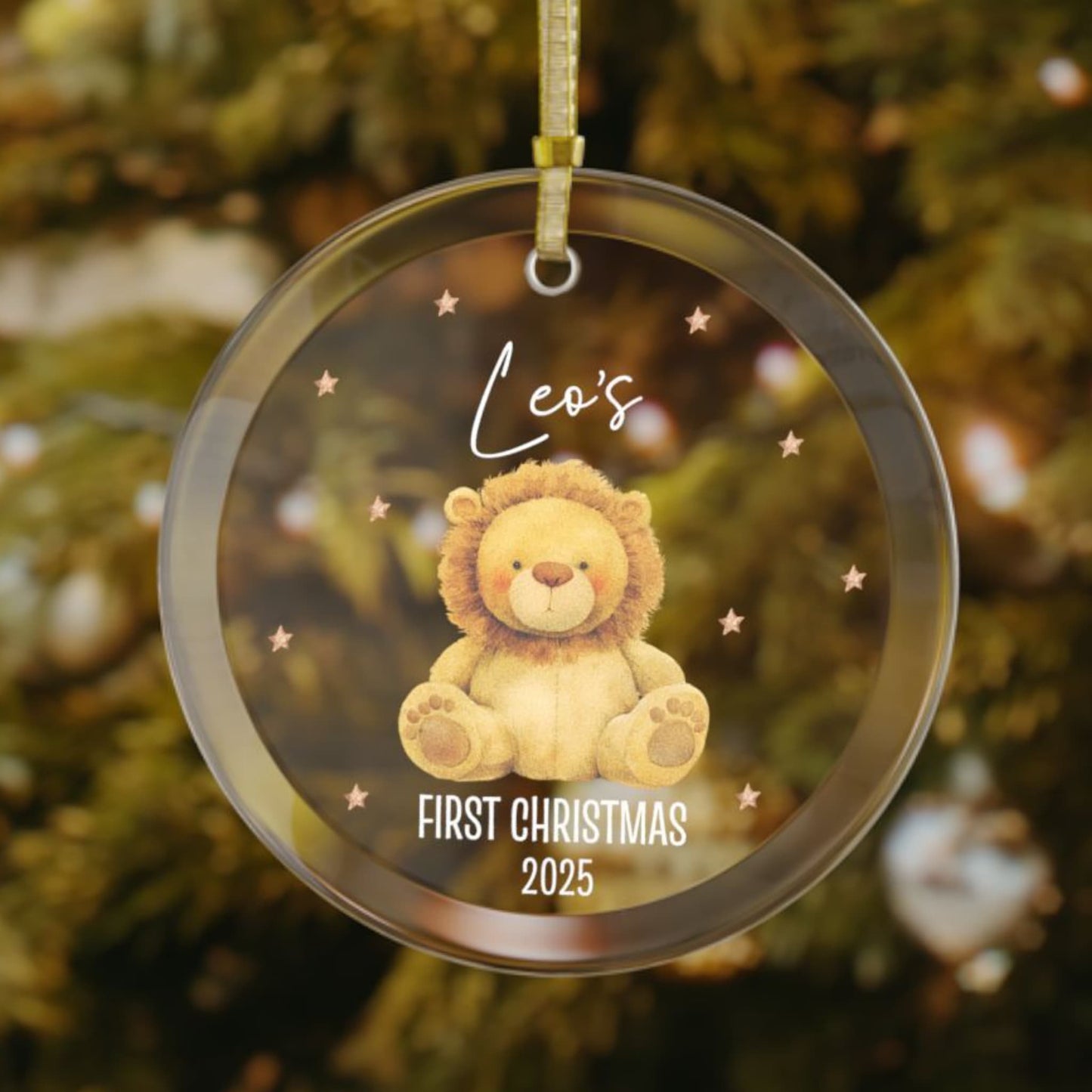 Custom baby’s first Christmas ornament with stuffed lion design, personalized with name and year, keepsake hanging on Christmas tree
