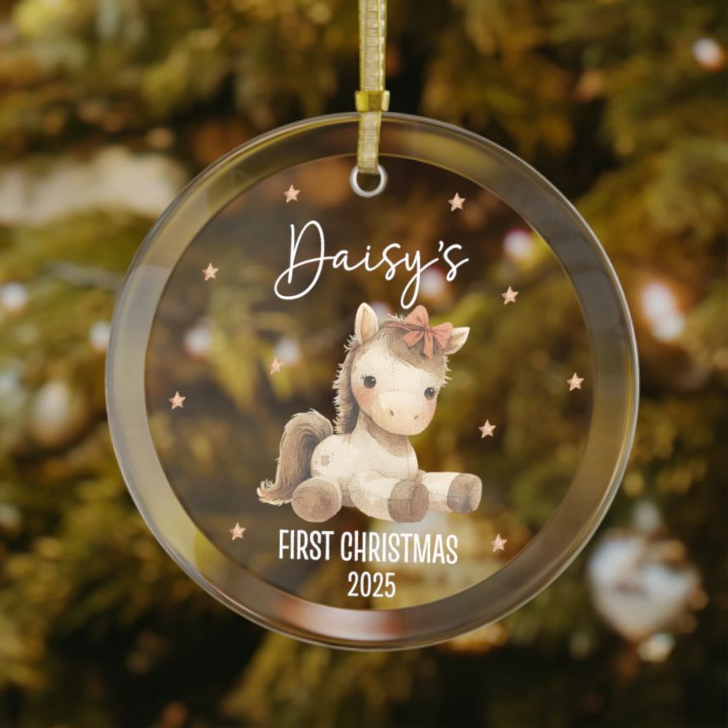 Custom baby’s first Christmas ornament with adorable stuffed animal pony design, personalized name and year, keepsake ornament on holiday tree