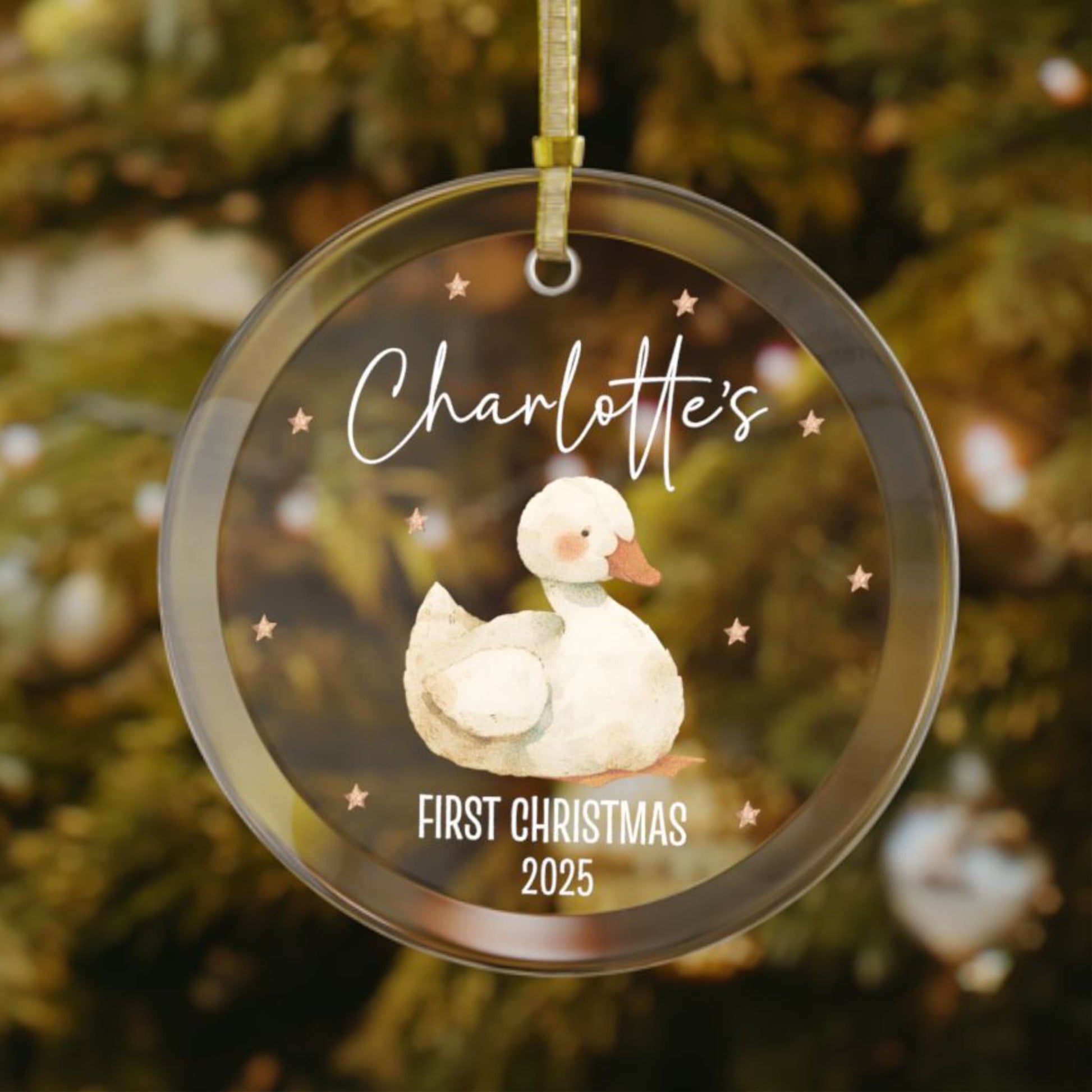 Custom baby’s first Christmas ornament featuring a cute white duck design, personalized with name and year, keepsake for holiday tree