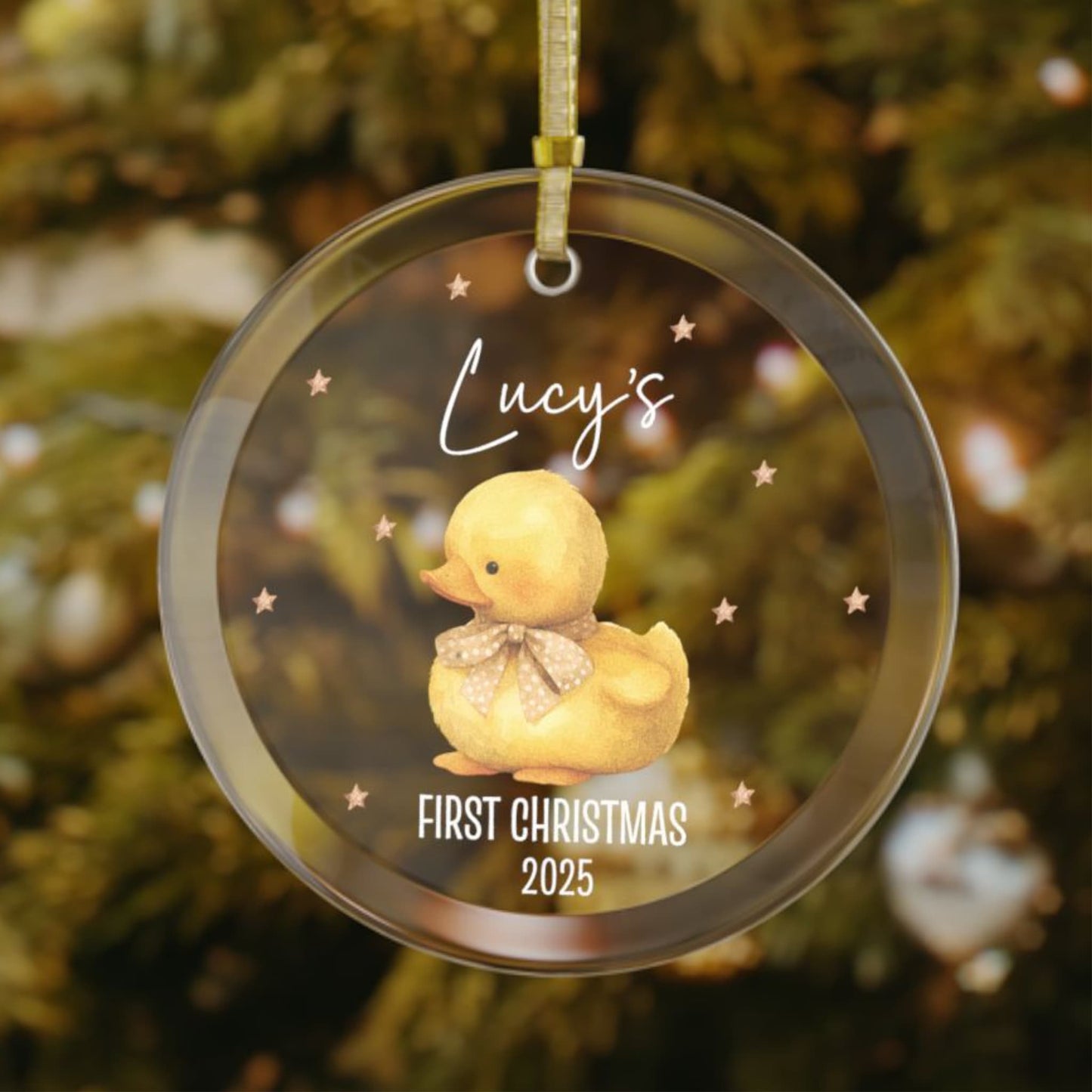 Personalized baby’s first Christmas ornament featuring a yellow duck design, customizable with baby name and year, keepsake for holiday tree