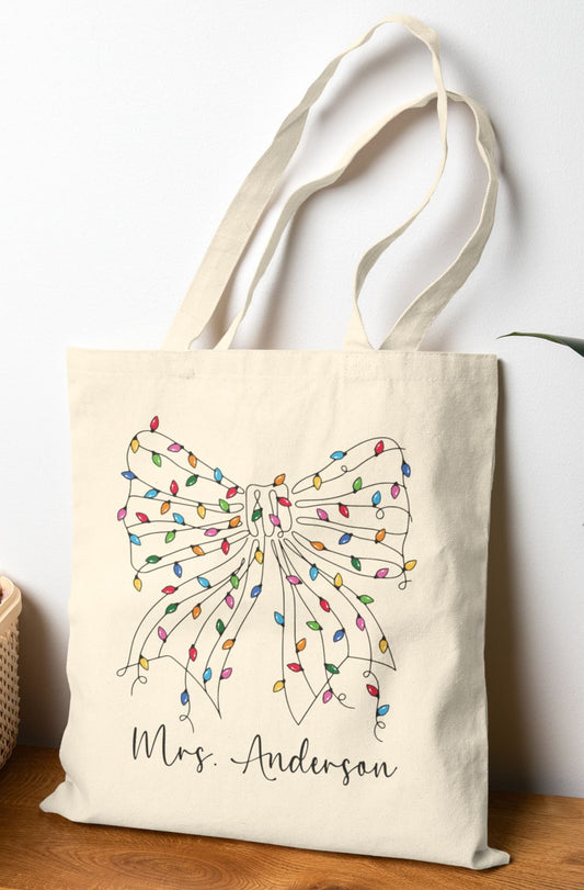 Personalized Teacher Christmas Tote - Holiday Gift Bag with Lights Bow