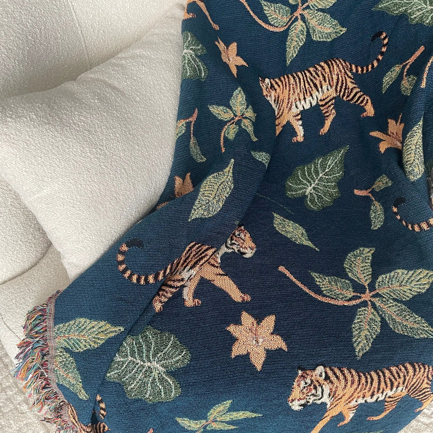 Tiger Jungle Woven Throw Blanket - Jacquard Cotton Botanical Throw