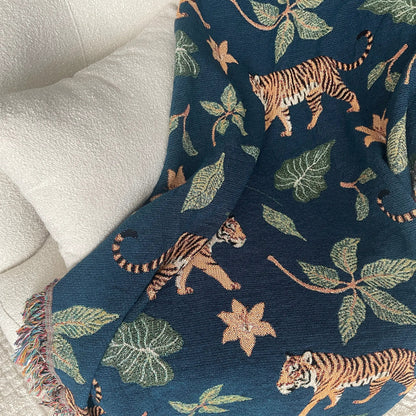 Tiger Jungle Woven Throw Blanket - Jacquard Cotton Botanical Throw