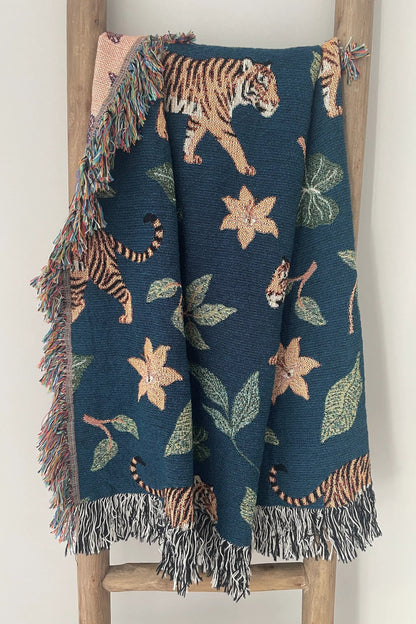 Tiger Jungle Woven Throw Blanket - Jacquard Cotton Botanical Throw