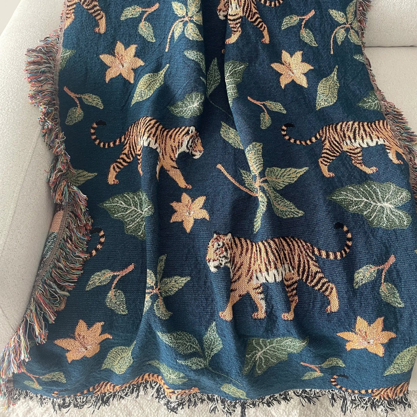 Tiger Jungle Woven Throw Blanket - Jacquard Cotton Botanical Throw
