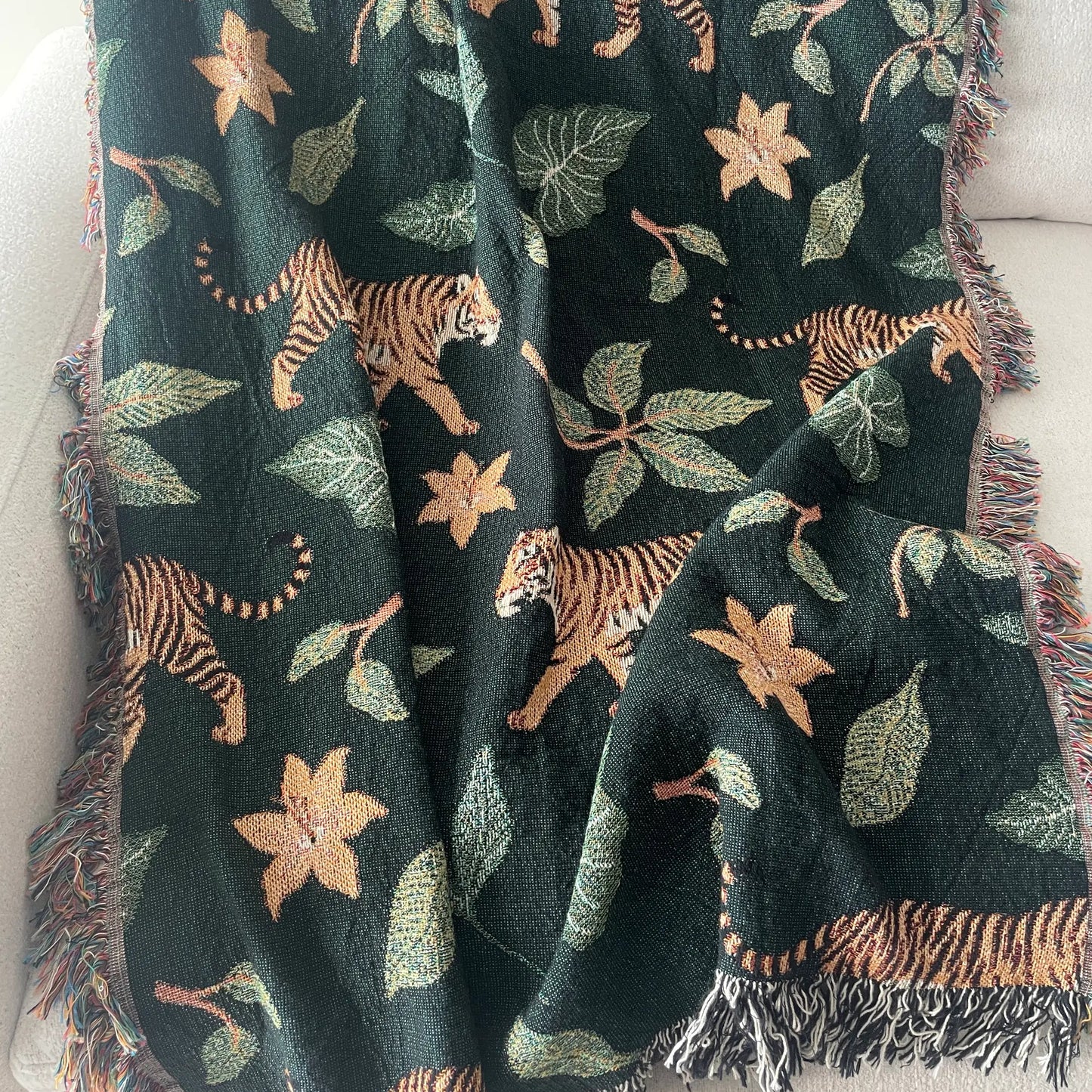 Tiger Jungle Woven Throw Blanket - Jacquard Cotton Botanical Throw