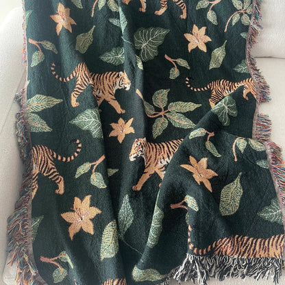 Tiger Jungle Woven Throw Blanket - Jacquard Cotton Botanical Throw